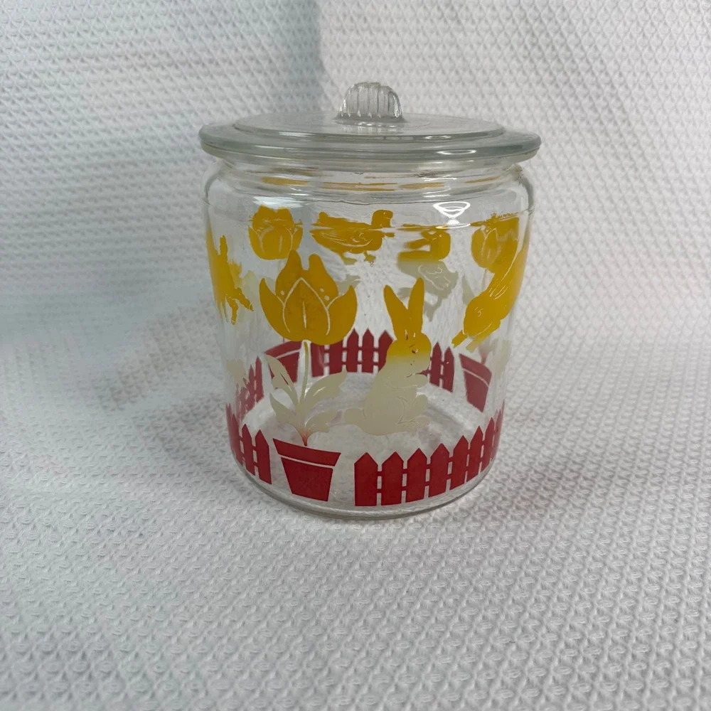 Vintage 1940s Anchor Hocking Glass Canister Jar with Lid Bunny Duck Tulip 6in